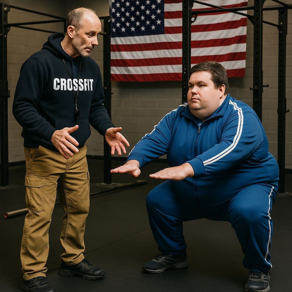 Een trainer leidt een man met overgewicht in een blauw trainingspak door een squat-oefening in een CrossFit box.